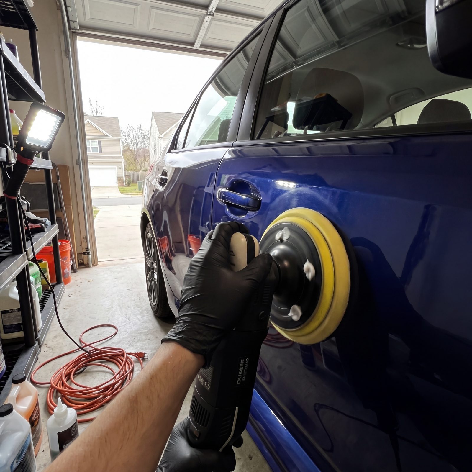 Compound cutting with a rotary polisher to remove swirl marks and clear-coat defects