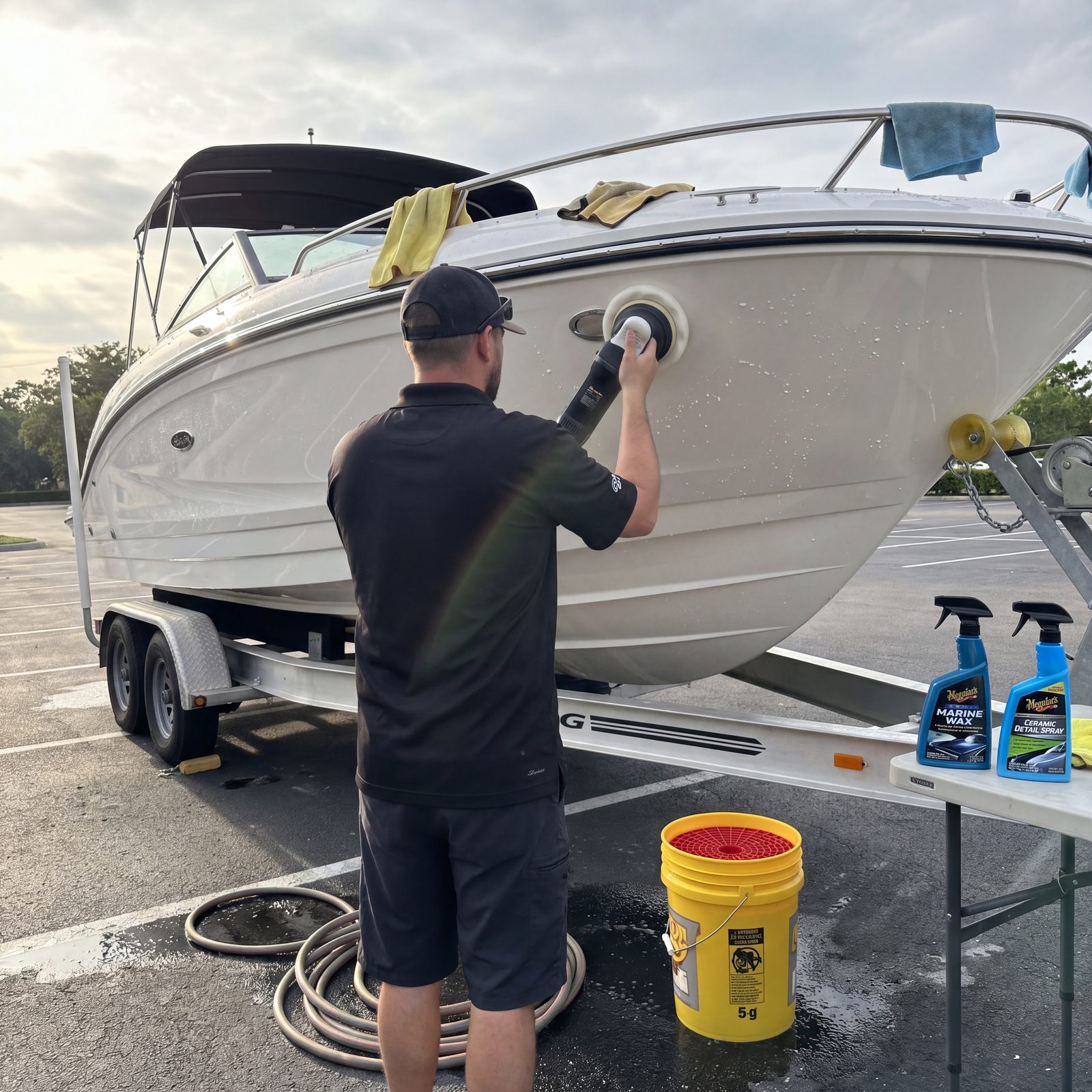 Boat hull polish on a trailered cruiser, marine wax in hand