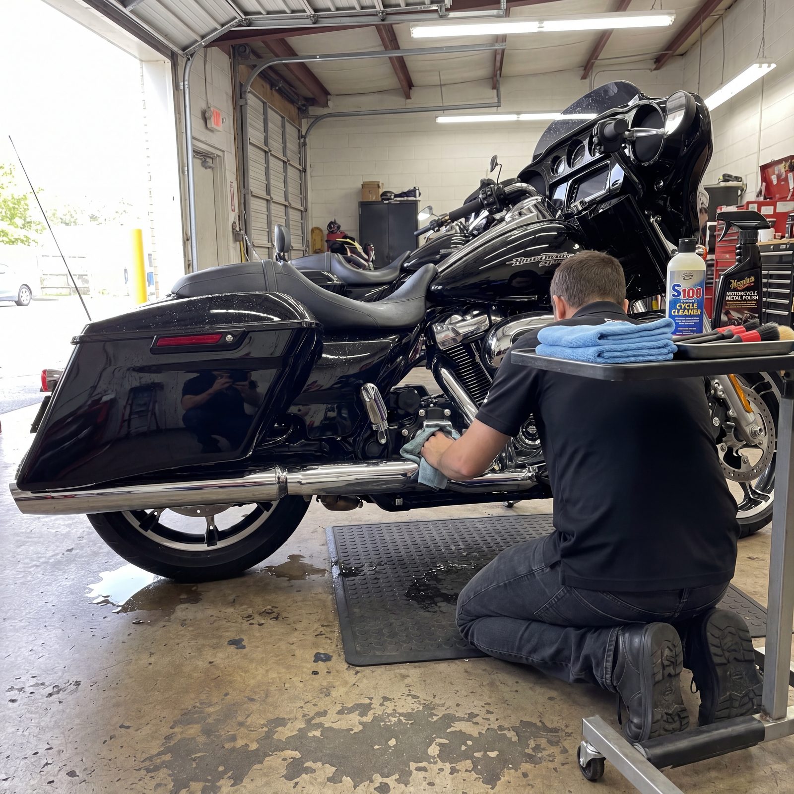 Detailer working chrome on a Harley Street Glide